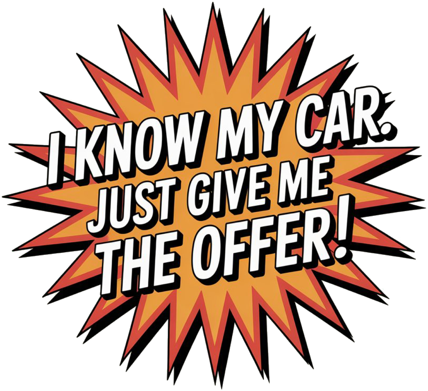 A bold, vintage-style promotional sign inspired by 1950s American design. The centerpiece is an asymmetrical starburst shape, rendered in a clean vector style with vibrant hues of red and orange. Radiating spikes give it a dynamic, eye-catching appeal reminiscent of classic mid-century dealership signage. Erhalten Sie direkt ein Angebot für ihr Wunschauto! Hier geht's zum Kontaktformular und erhalten Sie ein unverbindliches Angebot.