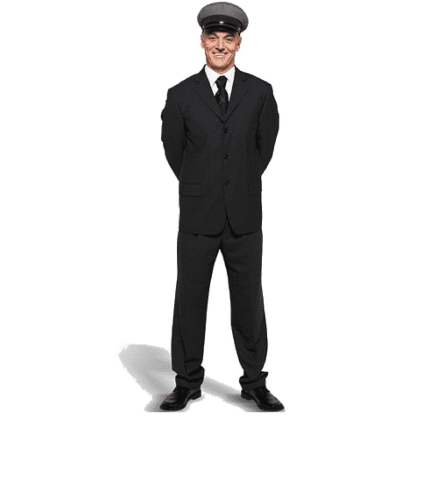 Fahrer Chauffeur im Chauffeuroutfit, klassischer Chauffeuranzug mit Chauffeur-Cap